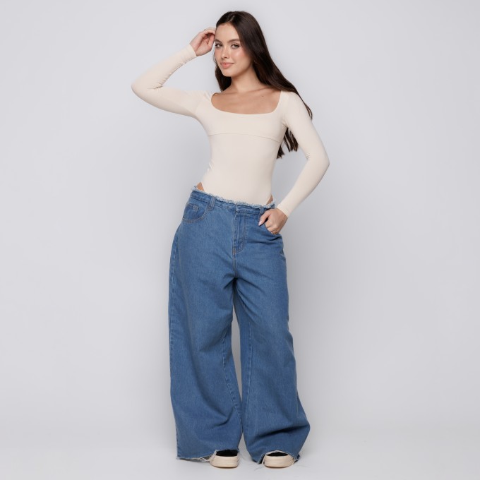 Body Manga Longa Decote Quadrado Off White