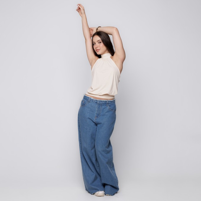 Blusa Frente Única com Franzido Cor Off White