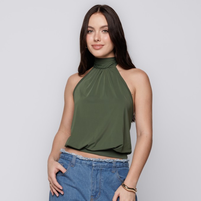 Blusa Frente Única com Franzido no Verde Oliva