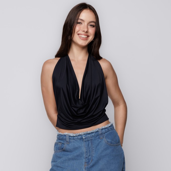 Blusa Frente Única com Decote Profundo Preto