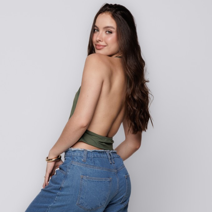 Blusa Frente Única com Decote Profundo Verde Oliva- Croco