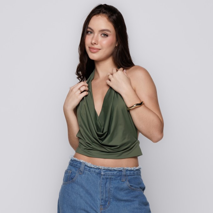 Blusa Frente Única com Decote Profundo Verde Oliva- Croco