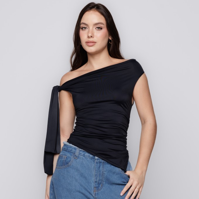 Blusa Ombro Único com Amarração Preto