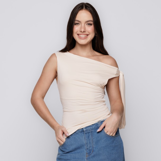 Blusa Ombro Único com Amarração Off White