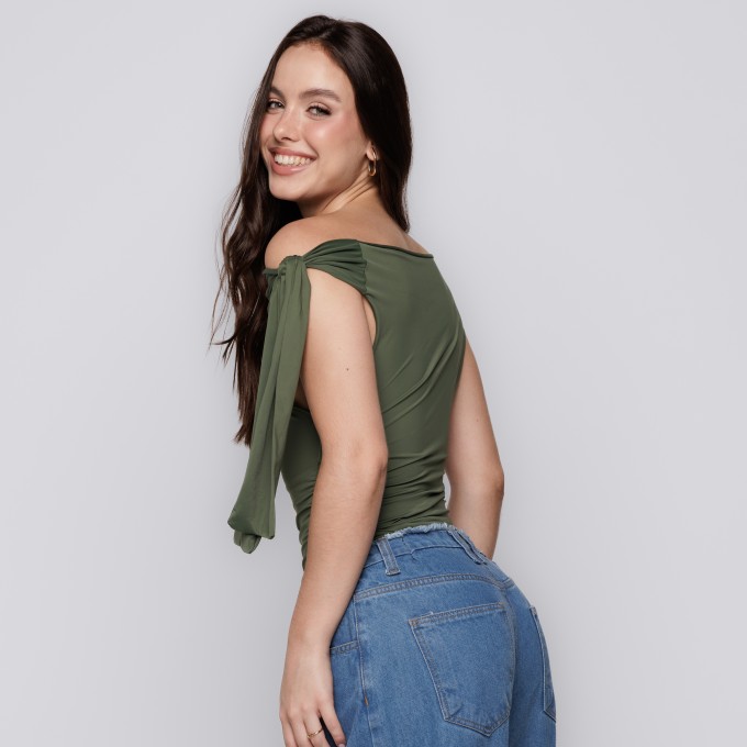 Blusa Ombro Único com Amarração Verde Oliva