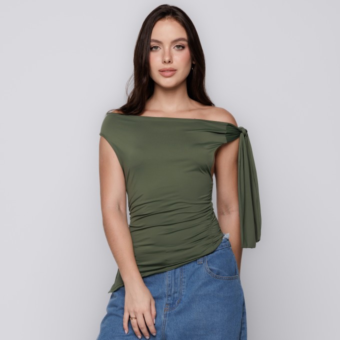 Blusa Ombro Único com Amarração Verde Oliva