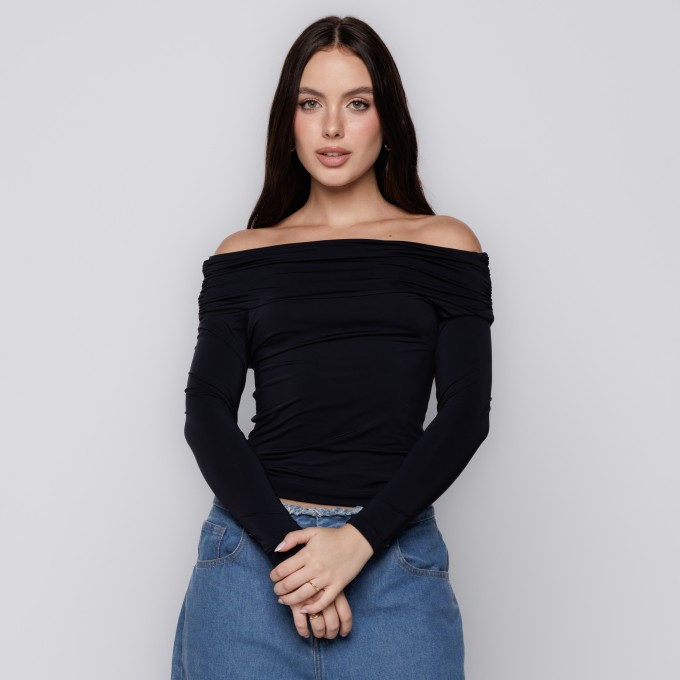 Blusa Manga Longa Ombro a Ombro Preto