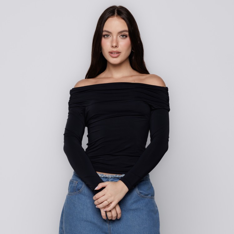 Blusa Manga Longa Ombro a Ombro Preto