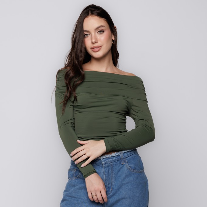 Blusa Manga Longa Ombro a Ombro  Verde Oliva