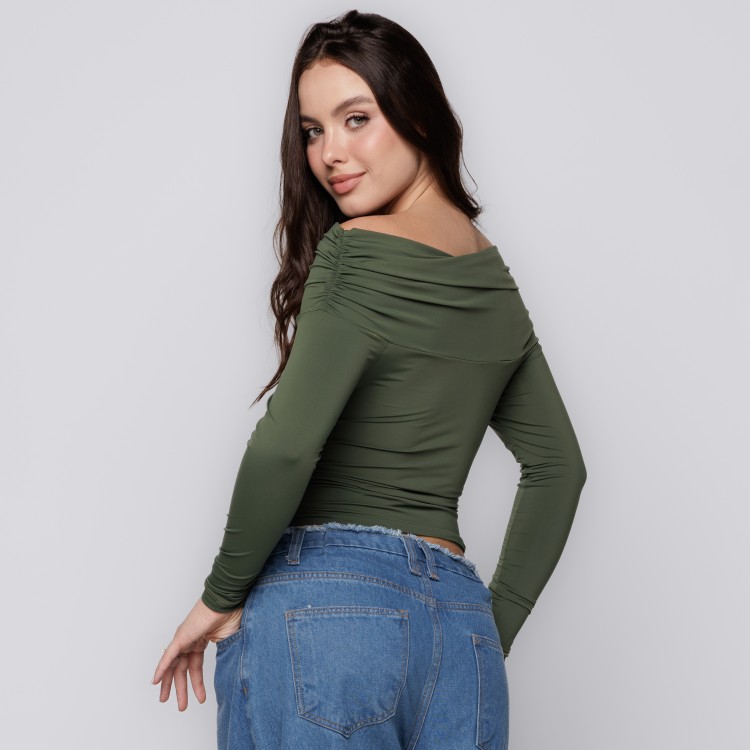Blusa Manga Longa Ombro a Ombro  Verde Oliva