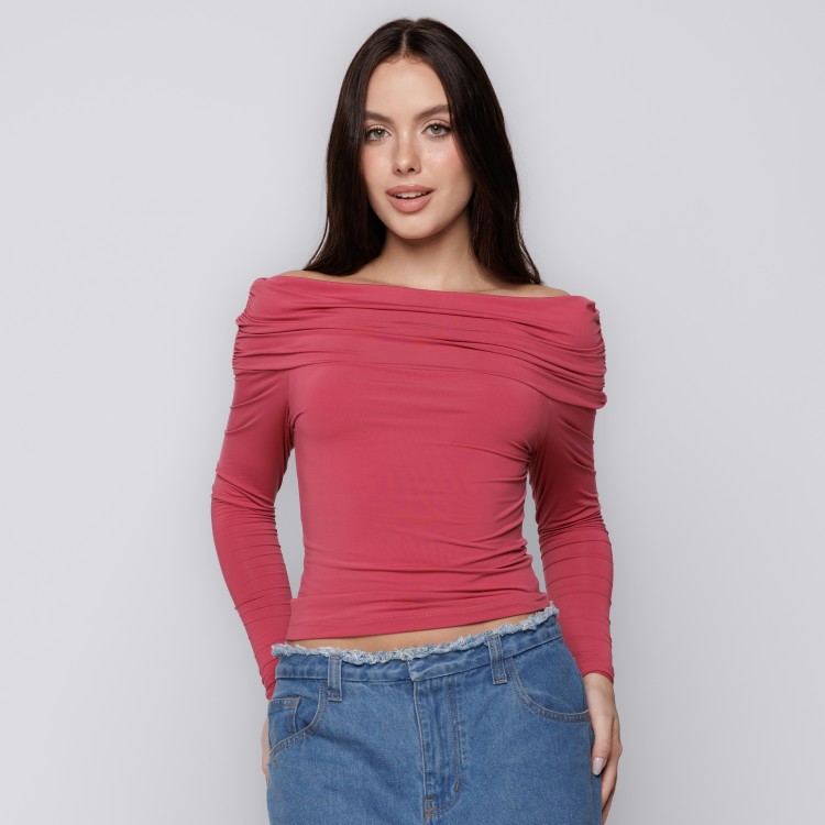 Blusa Manga Longa Ombro a Ombro na cor Romã