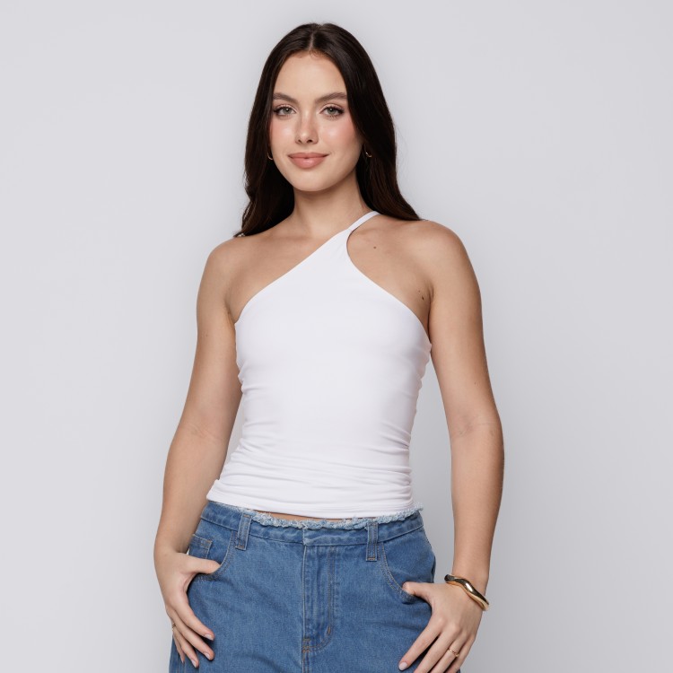 Blusa Um Ombro Só com Alça Fina Branco