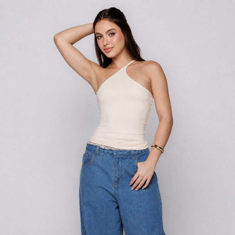 Blusa Um Ombro Só com Alça Fina Off White